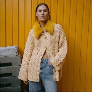 Zara Cable Knit Cardigan with Removable Faux Fur Collar